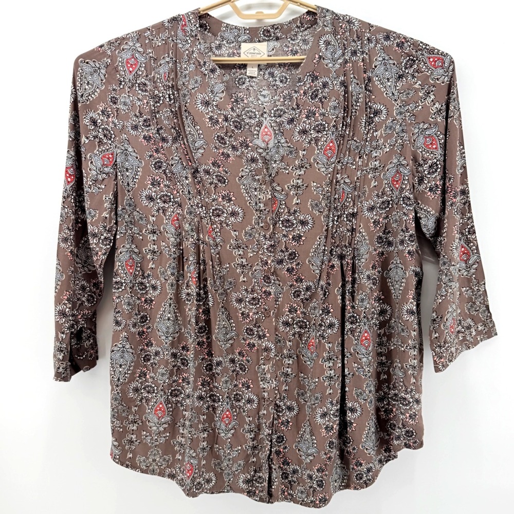 St Johns Bay Blouse Womens L Brown Excellent Floral Paisley Pintuck V-Neck Top